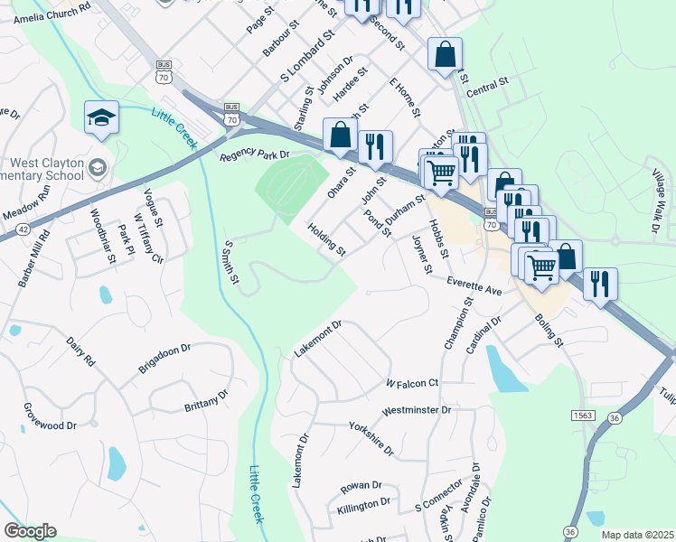 map of restaurants, bars, coffee shops, grocery stores, and more near 815 Durham Street in Clayton