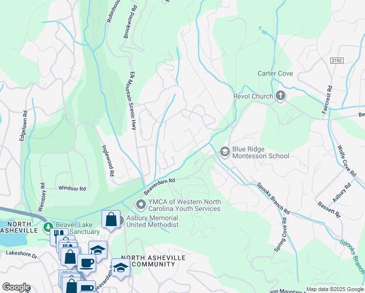 map of restaurants, bars, coffee shops, grocery stores, and more near 13 Killian Lane in Asheville
