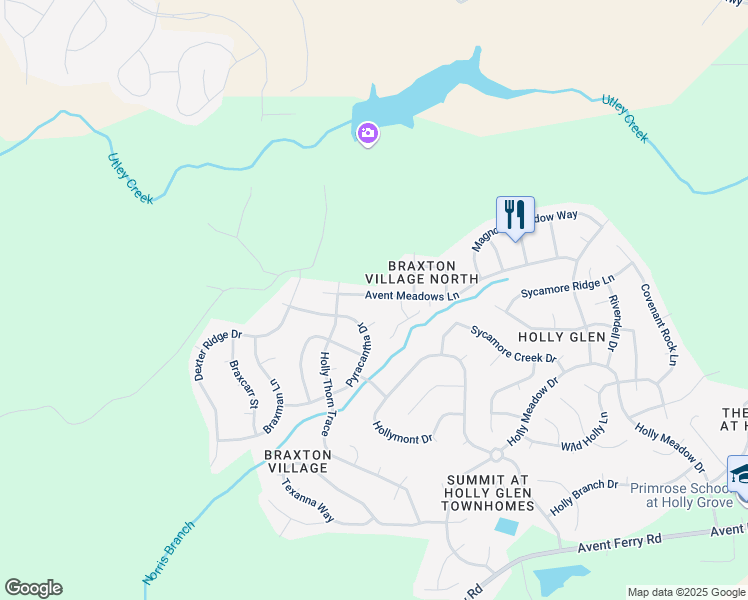 map of restaurants, bars, coffee shops, grocery stores, and more near 913 Avent Meadows Lane in Holly Springs