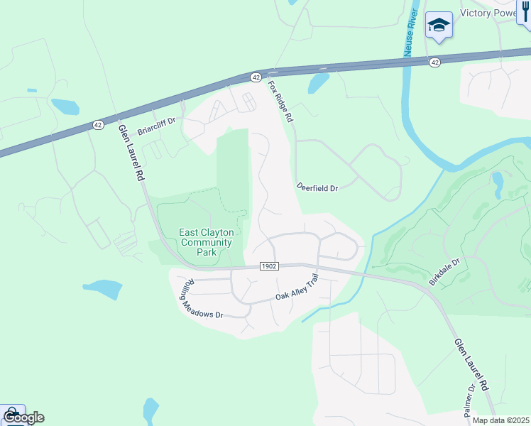 map of restaurants, bars, coffee shops, grocery stores, and more near 221 Black Forest Drive in Clayton