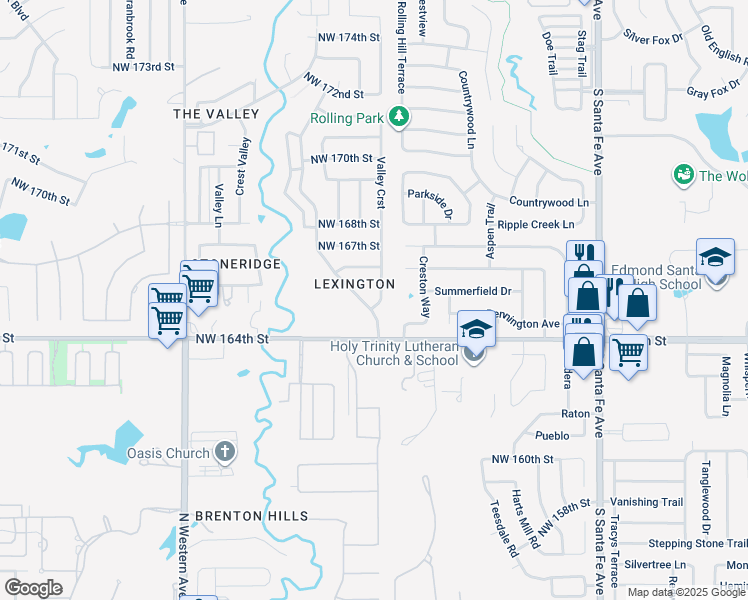 map of restaurants, bars, coffee shops, grocery stores, and more near 16608 Sunny Hollow Road in Edmond