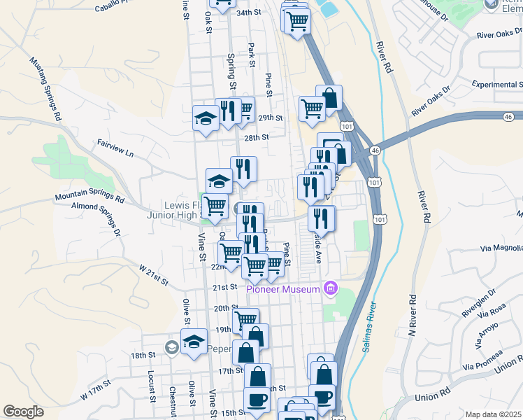 map of restaurants, bars, coffee shops, grocery stores, and more near 715 24th Street in Paso Robles