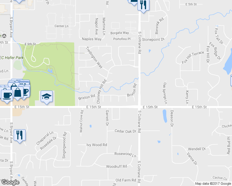 map of restaurants, bars, coffee shops, grocery stores, and more near 2609 Brixton Road in Edmond