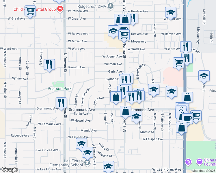 map of restaurants, bars, coffee shops, grocery stores, and more near 1038 Peg Street in Ridgecrest