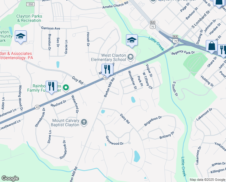 map of restaurants, bars, coffee shops, grocery stores, and more near 19 Cheltenham Drive in Clayton