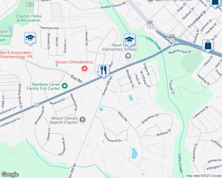map of restaurants, bars, coffee shops, grocery stores, and more near 19 Cheltenham Drive in Clayton
