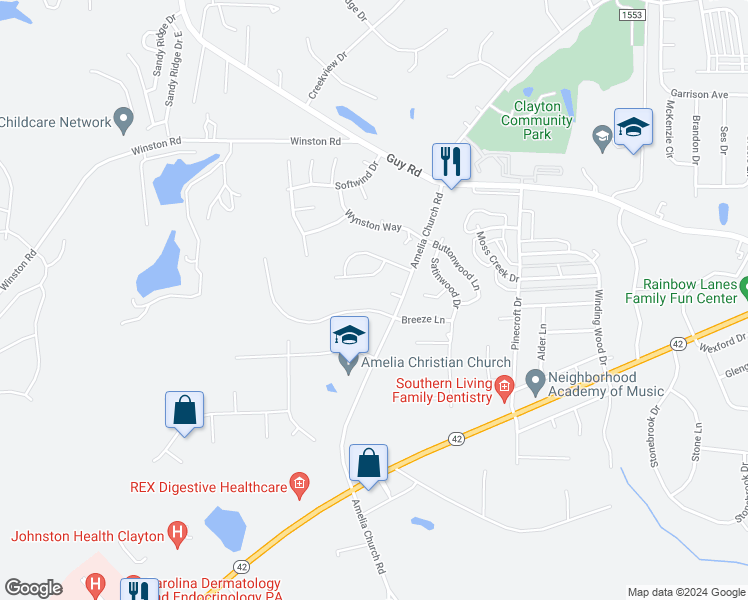 map of restaurants, bars, coffee shops, grocery stores, and more near 2004 Coxwoods Road in Clayton