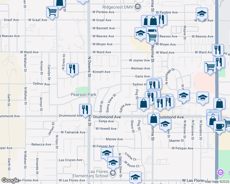 map of restaurants, bars, coffee shops, grocery stores, and more near 1031 Sierra View Street in Ridgecrest