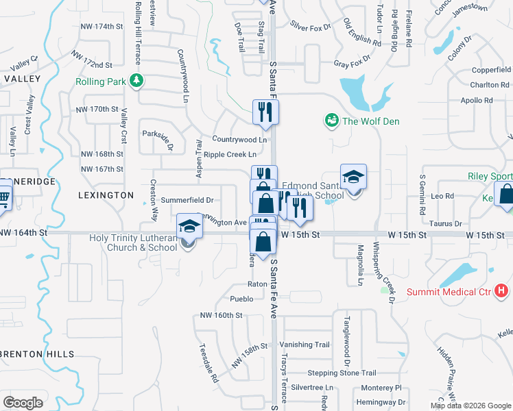 map of restaurants, bars, coffee shops, grocery stores, and more near 1318 Pennington Avenue in Edmond