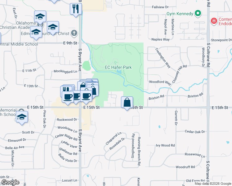 map of restaurants, bars, coffee shops, grocery stores, and more near 1316 Hunters Ridge Road in Edmond