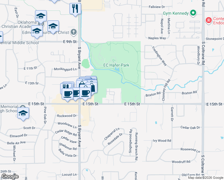 map of restaurants, bars, coffee shops, grocery stores, and more near 1317 Greenfern Lane in Edmond