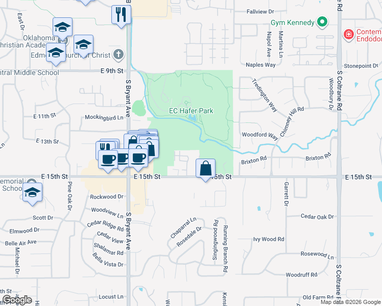 map of restaurants, bars, coffee shops, grocery stores, and more near 1316 Hunters Ridge Road in Edmond