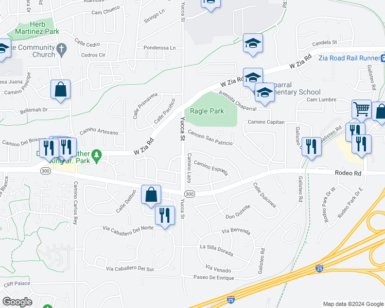 map of restaurants, bars, coffee shops, grocery stores, and more near 2550 Camino Cabestro in Santa Fe