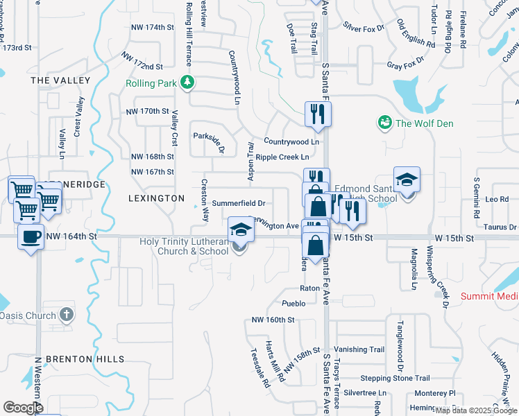 map of restaurants, bars, coffee shops, grocery stores, and more near 2608 Summerfield Drive in Edmond