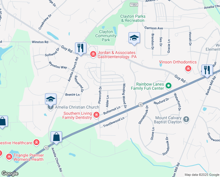 map of restaurants, bars, coffee shops, grocery stores, and more near 205 Breezewood Lane in Clayton