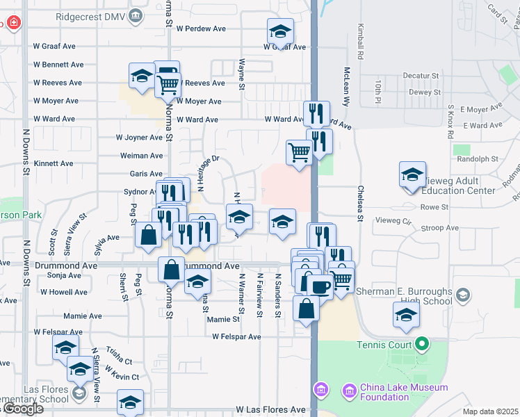 map of restaurants, bars, coffee shops, grocery stores, and more near 212 Washington Way in Ridgecrest