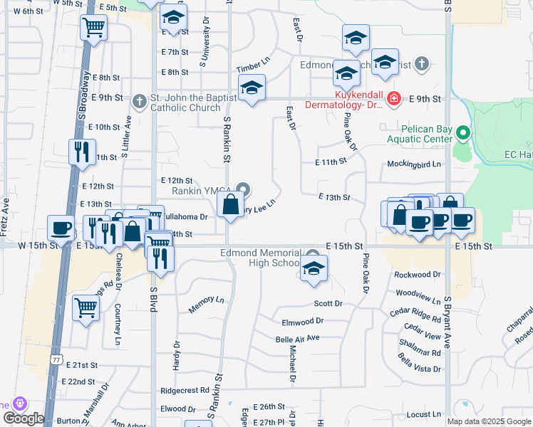 map of restaurants, bars, coffee shops, grocery stores, and more near 616 Mary Lee Lane in Edmond