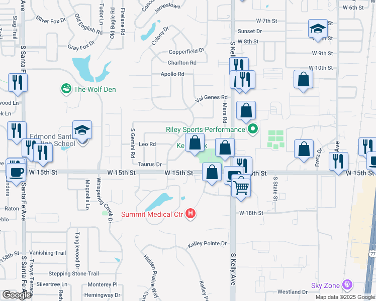 map of restaurants, bars, coffee shops, grocery stores, and more near 1206 Taurus Drive in Edmond