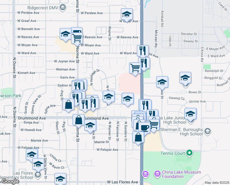 map of restaurants, bars, coffee shops, grocery stores, and more near 224 Washington Way in Ridgecrest