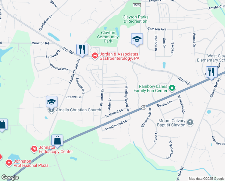 map of restaurants, bars, coffee shops, grocery stores, and more near 205 Breezewood Lane in Clayton