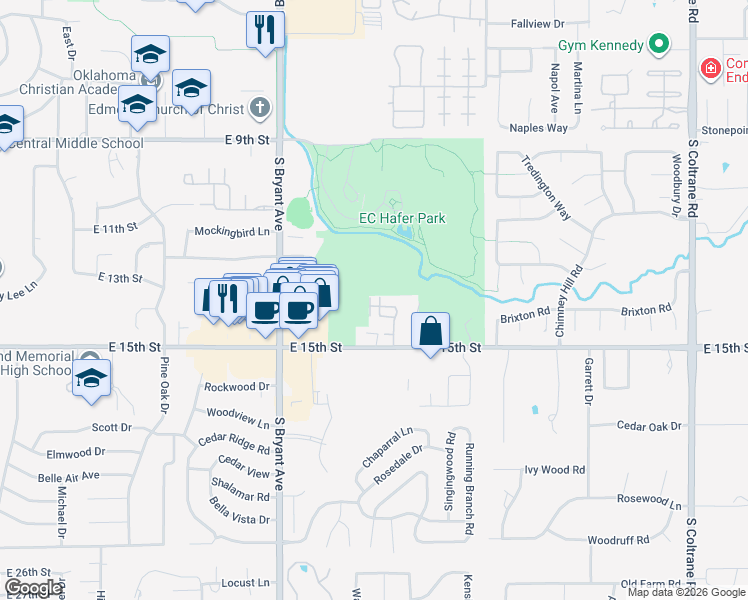 map of restaurants, bars, coffee shops, grocery stores, and more near 1317 Greenfern Lane in Edmond