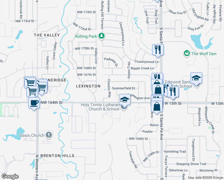 map of restaurants, bars, coffee shops, grocery stores, and more near 2808 Summerfield Drive in Edmond