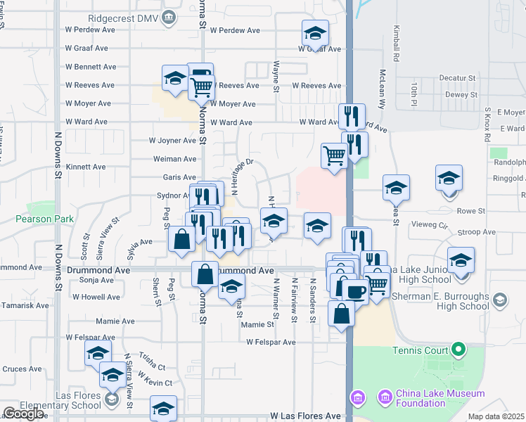 map of restaurants, bars, coffee shops, grocery stores, and more near 1016 Meadowview Lane in Ridgecrest