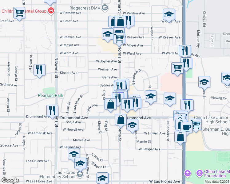 map of restaurants, bars, coffee shops, grocery stores, and more near 1027 North Norma Street in Ridgecrest