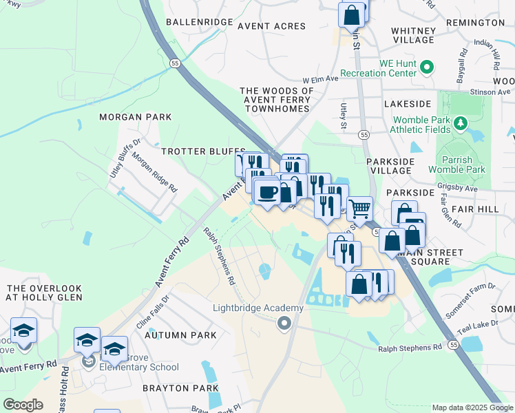 map of restaurants, bars, coffee shops, grocery stores, and more near 300 Village Walk Drive in Holly Springs