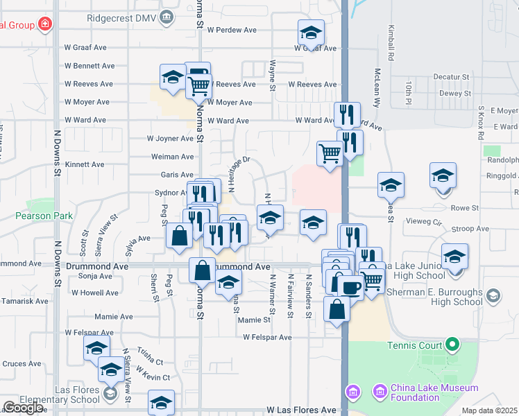 map of restaurants, bars, coffee shops, grocery stores, and more near 1016 Meadowview Lane in Ridgecrest