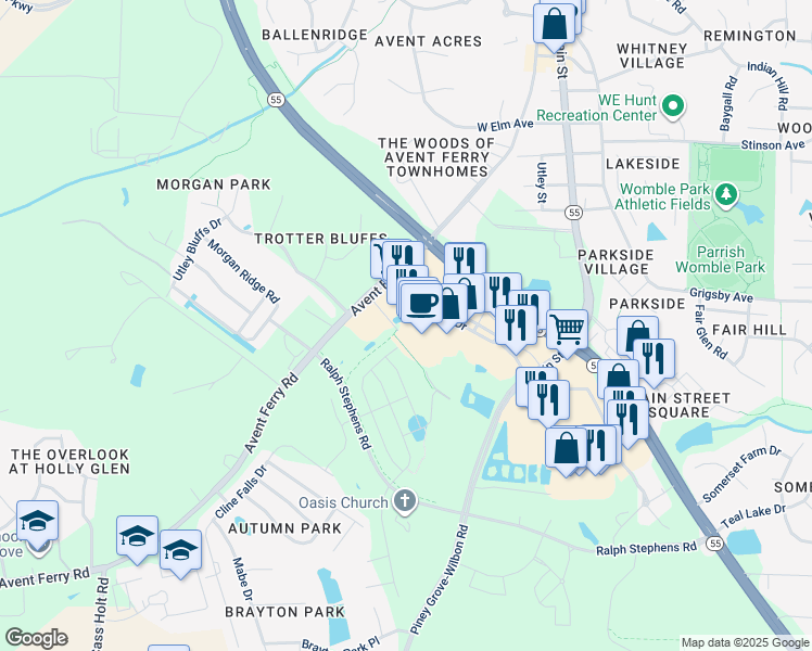 map of restaurants, bars, coffee shops, grocery stores, and more near 300 Village Walk Drive in Holly Springs