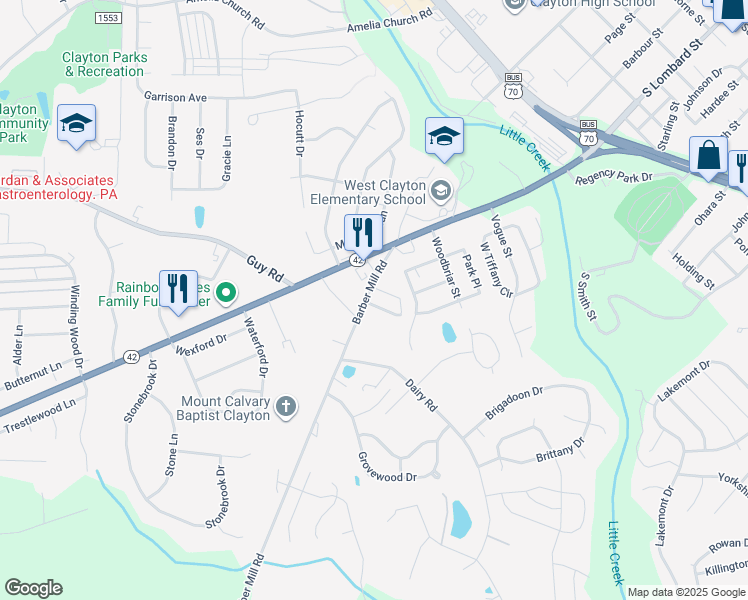 map of restaurants, bars, coffee shops, grocery stores, and more near 5 Cheltenham Drive in Clayton