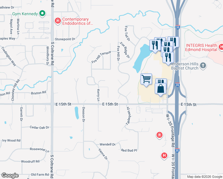 map of restaurants, bars, coffee shops, grocery stores, and more near 1308 Circle Bend Court in Edmond