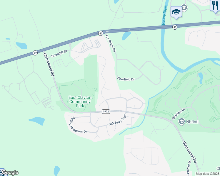 map of restaurants, bars, coffee shops, grocery stores, and more near 10 Red Leaf Trail in Clayton