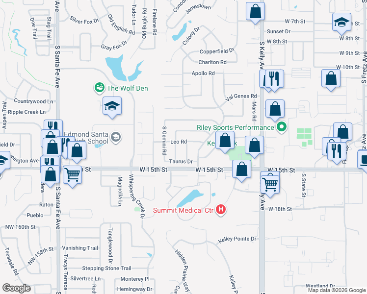 map of restaurants, bars, coffee shops, grocery stores, and more near 1305 Aquarius Road in Edmond
