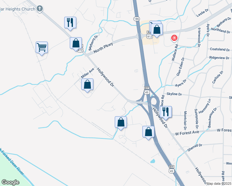 map of restaurants, bars, coffee shops, grocery stores, and more near 1618 Hollywood Drive in Jackson