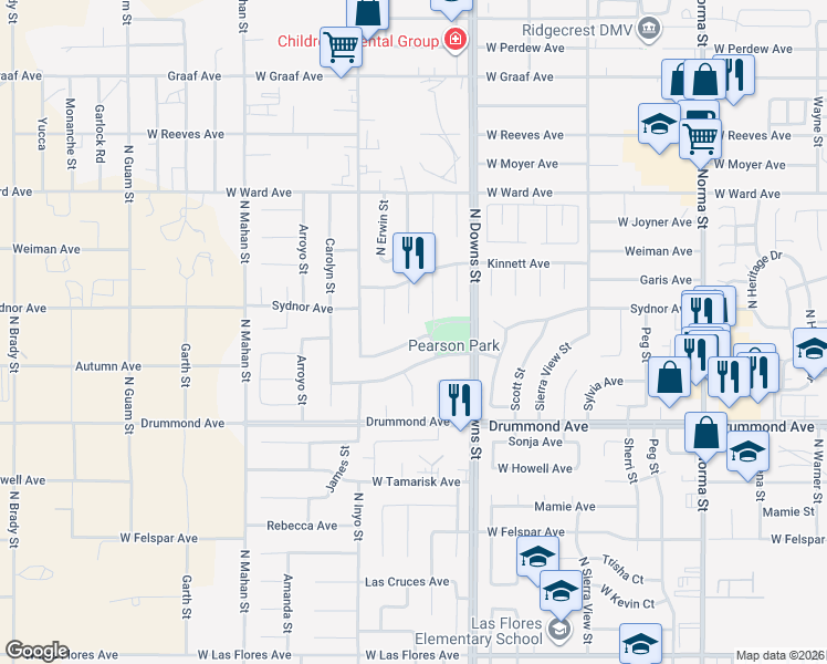 map of restaurants, bars, coffee shops, grocery stores, and more near 920 Hermosa Avenue in Ridgecrest