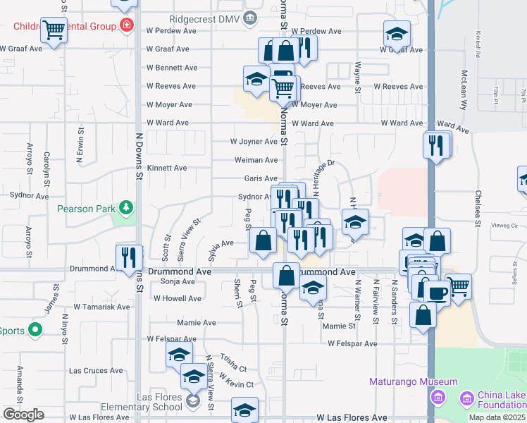map of restaurants, bars, coffee shops, grocery stores, and more near 525 Sydnor Avenue in Ridgecrest