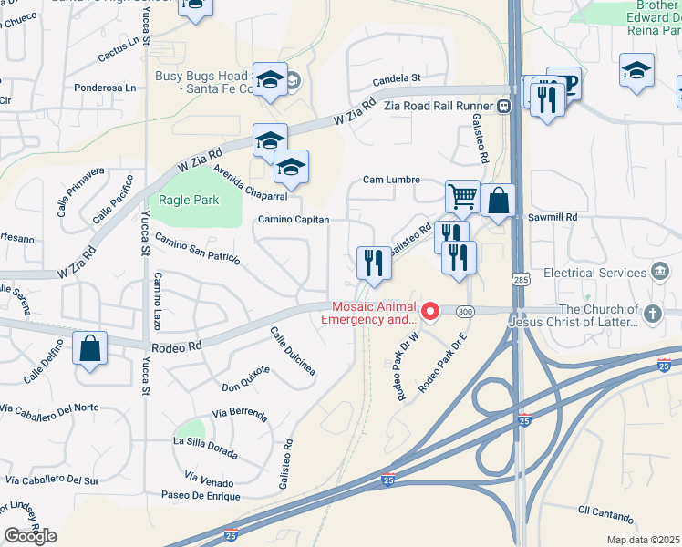 map of restaurants, bars, coffee shops, grocery stores, and more near 2744 Galisteo Road in Santa Fe