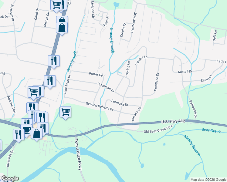 map of restaurants, bars, coffee shops, grocery stores, and more near 403 Crestland Drive in Columbia