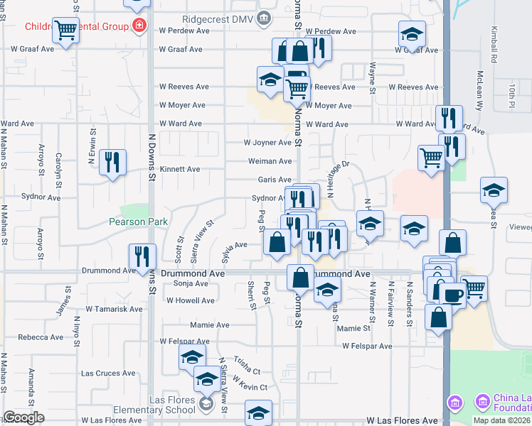map of restaurants, bars, coffee shops, grocery stores, and more near 1038 Peg Street in Ridgecrest