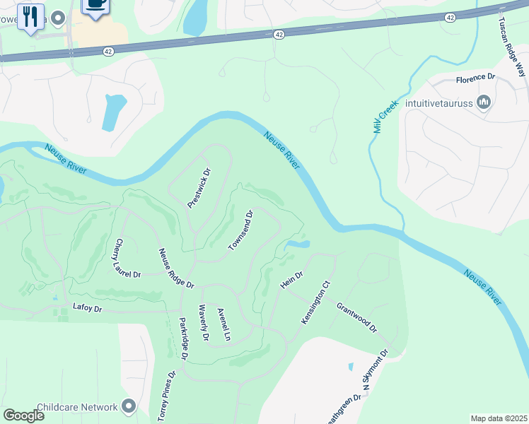 map of restaurants, bars, coffee shops, grocery stores, and more near 172 Townsend Drive in Clayton