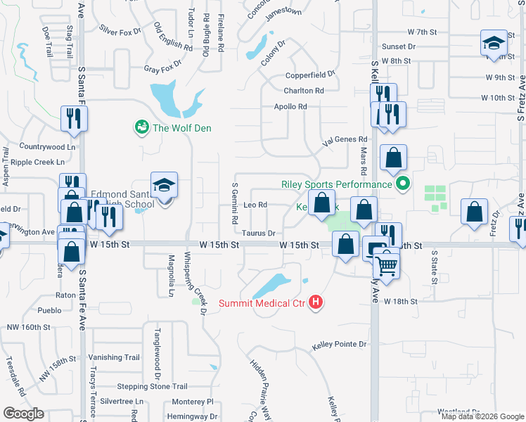 map of restaurants, bars, coffee shops, grocery stores, and more near 1305 Aquarius Road in Edmond