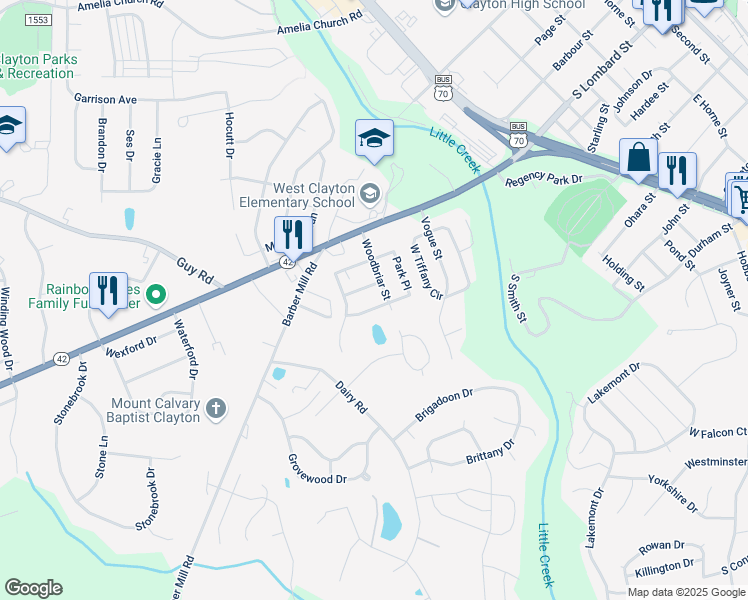 map of restaurants, bars, coffee shops, grocery stores, and more near 1104 Woodlawn Way in Clayton