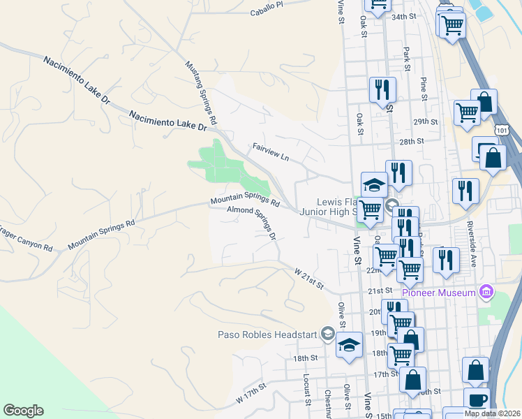 map of restaurants, bars, coffee shops, grocery stores, and more near 2322 Almond Springs Drive in Paso Robles