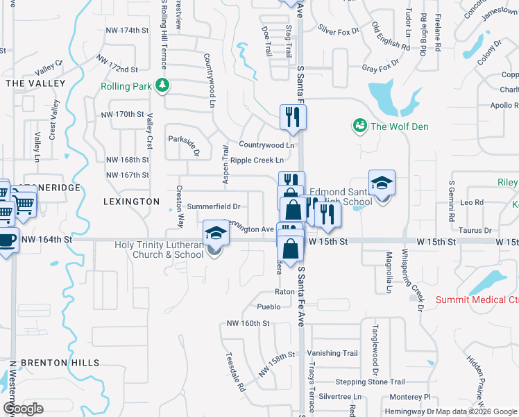 map of restaurants, bars, coffee shops, grocery stores, and more near 1317 Greenfield Drive in Edmond
