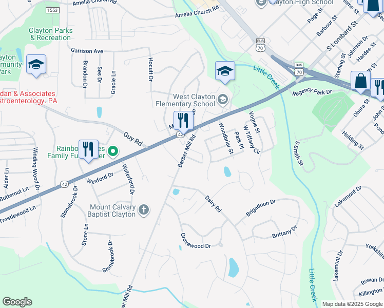 map of restaurants, bars, coffee shops, grocery stores, and more near 14 Belhaven Drive in Clayton