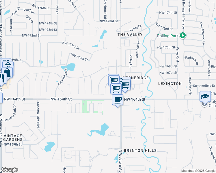 map of restaurants, bars, coffee shops, grocery stores, and more near 1101 Northwest 164th Street in Edmond