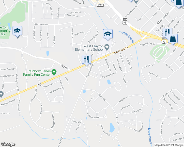 map of restaurants, bars, coffee shops, grocery stores, and more near 14 Belhaven Drive in Clayton