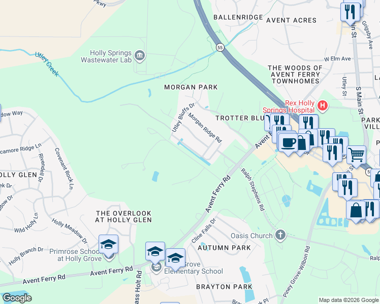 map of restaurants, bars, coffee shops, grocery stores, and more near 420 Morgan Ridge Road in Holly Springs